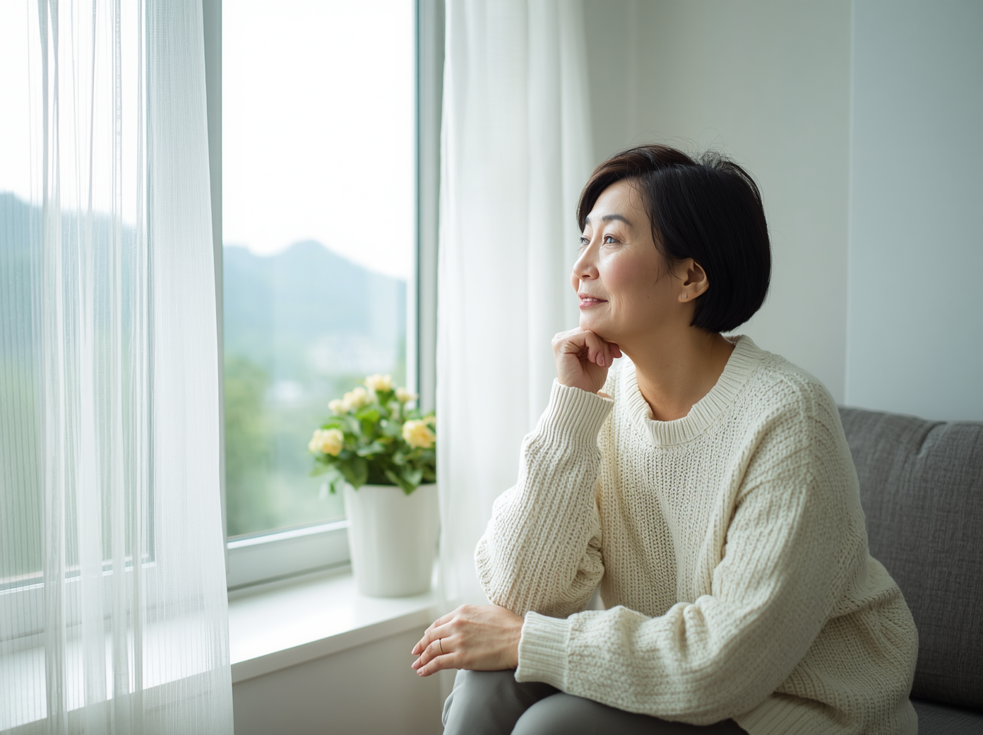 窓辺で考え事をする女性